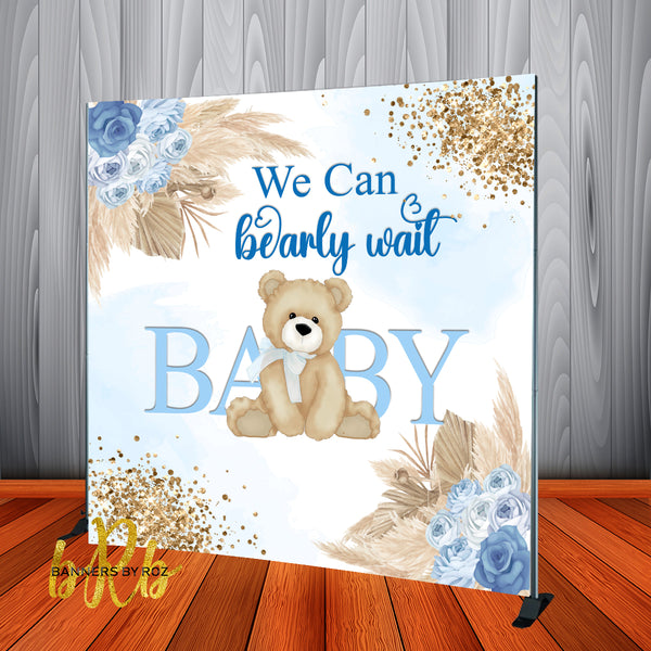 We can Bearly Wait Teddy Bear Blue Backdrop Personalized, Printed & Shipped!