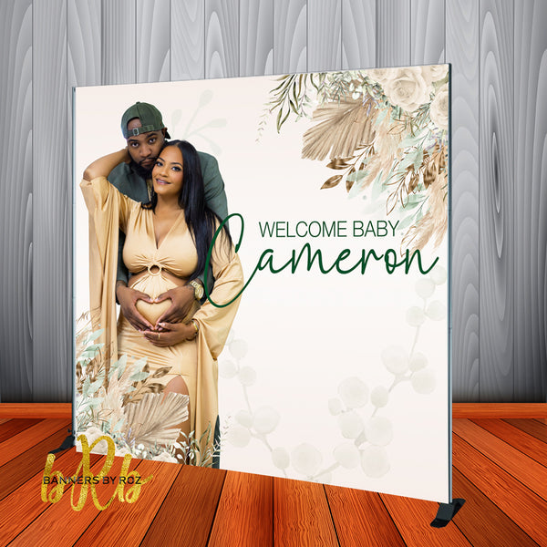 Pampas Grass Green and Cream Backdrop for Baby Shower -Printed & Shipped!