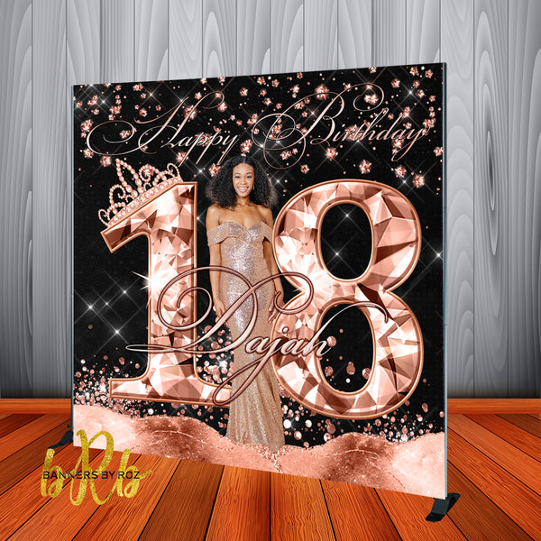 Rose Gold and Black Bling Backdrop for Birthdays, Sweet 16, Prom - Personalized, Printed & Shipped!