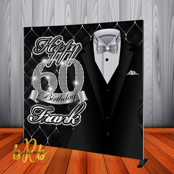 Black Suit Birthday Backdrop- Step & Repeat - Designed, Printed & Shipped!