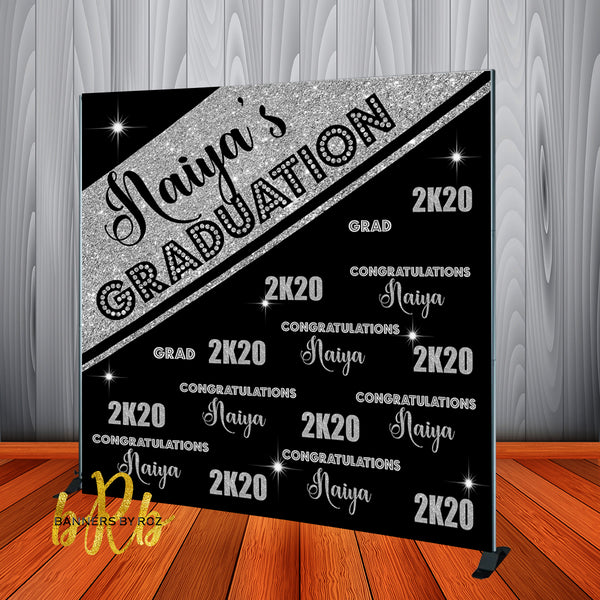 Graduation Backdrop Black & Silver - Personalized - Step & Repeat - Designed, Printed & Shipped!