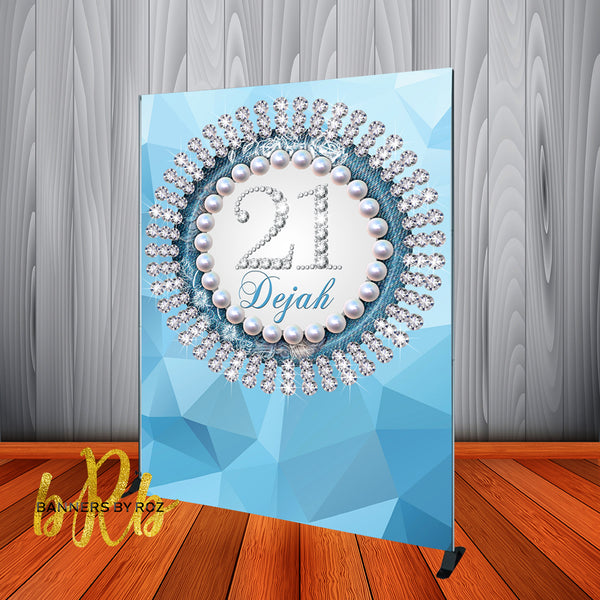 Icy Blue Denim Diamonds & Pearls Backdrop - Personalized - Step & Repeat - Printed & Shipped!