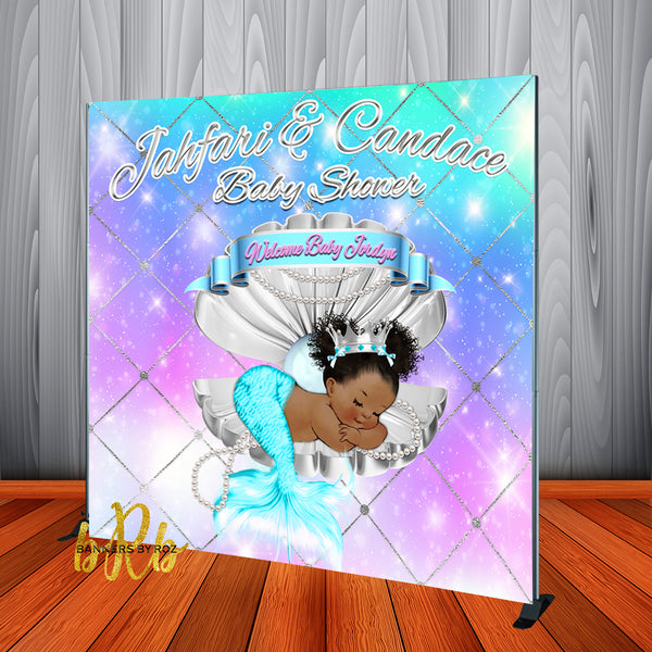 Mermaid theme Silver accents Backdrop Personalized Step & Repeat - Designed, Printed & Shipped!