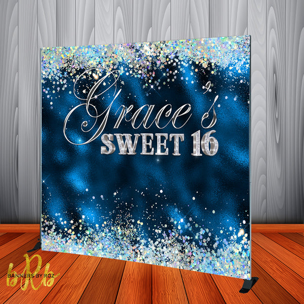 Royal Blue and Silver Bling Backdrop for Birthdays - Sweet 16 Birthday, Prom - Personalized, Printed & Shipped!