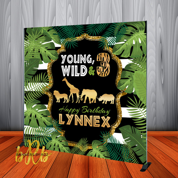 Young, Wild & 3 Safari theme Birthday Backdrop Personalized - Designed, Printed & Shipped!