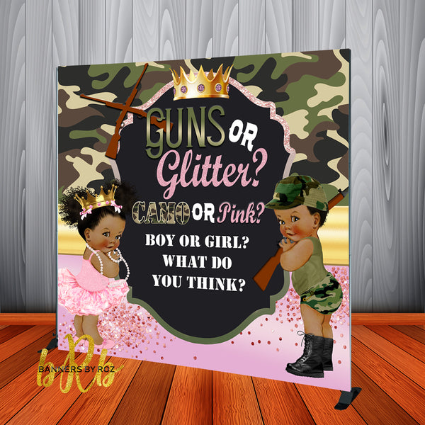 Glitter or Guns Gender Reveal Backdrop Personalized - Designed, Printed & Shipped!
