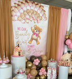 We can Bearly Wait Teddy Bear Pink Backdrop Personalized, Printed & Shipped!
